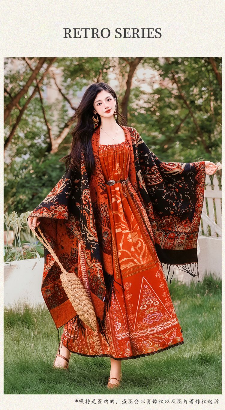 Literary retro ethnic style skirt set shawl + three-dimensional skirt 2025 autumn new middle - AuraKin