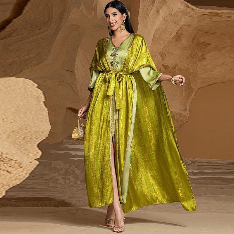 2025 Dubai Style Party Dress Heavy Industry Weaving Gold V-Neck Two-piece Dress South East Asia Women's Sewn Diamond Robe - AuraKin