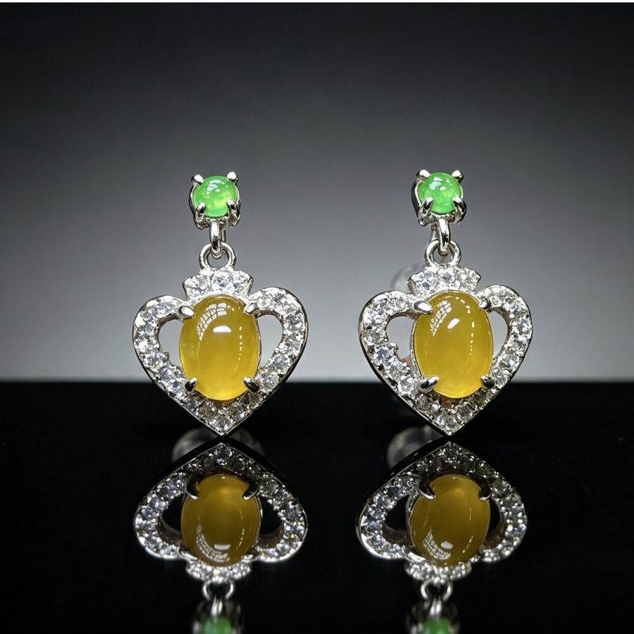 Honey Nature Yellow Jade Heart Earrings, Diamond Hollow Frame with Vivid Green Jade Accent