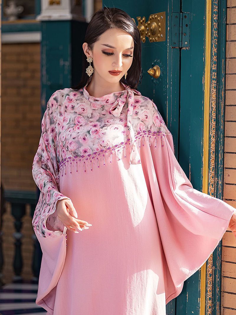 Turkey Dubai Pink Printed Bat Sleeve Dress Summer Women's Upscale Beaded Arabian Holiday Robe middle - AuraKin