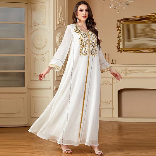 Saudi Arabia Grey Robe V-Neck Embroidered Temperament Dubai Women's Dress Beaded Long Sleeve Fashion Robe - AuraKin