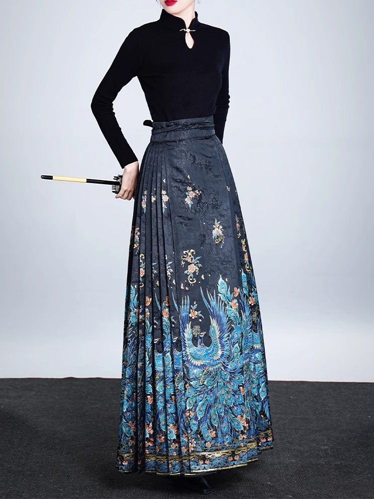 New Chinese style [Blue Peacock] Hanfu horse dress women's Chinese style improved skirt temperament high-end celebrity embroidery middle - AuraKin