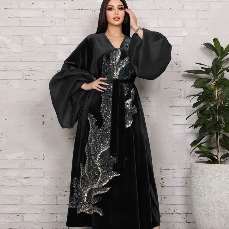 Autumn and winter bubble sleeves elegant style Arab dress golden velvet noble three-dimensional bead embroidered Dubai robe middle - AuraKin