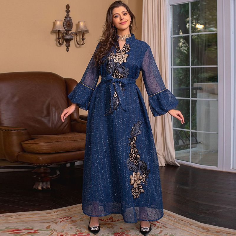 Saudi Arabian ethnic style embroidered robe sequined elegant Dubai style women's clothing to ankle Indian traditional dress - AuraKin