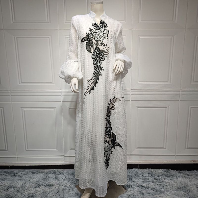 Saudi Arabian ethnic style embroidered robe sequined elegant Dubai style women's clothing to ankle Indian traditional dress - AuraKin