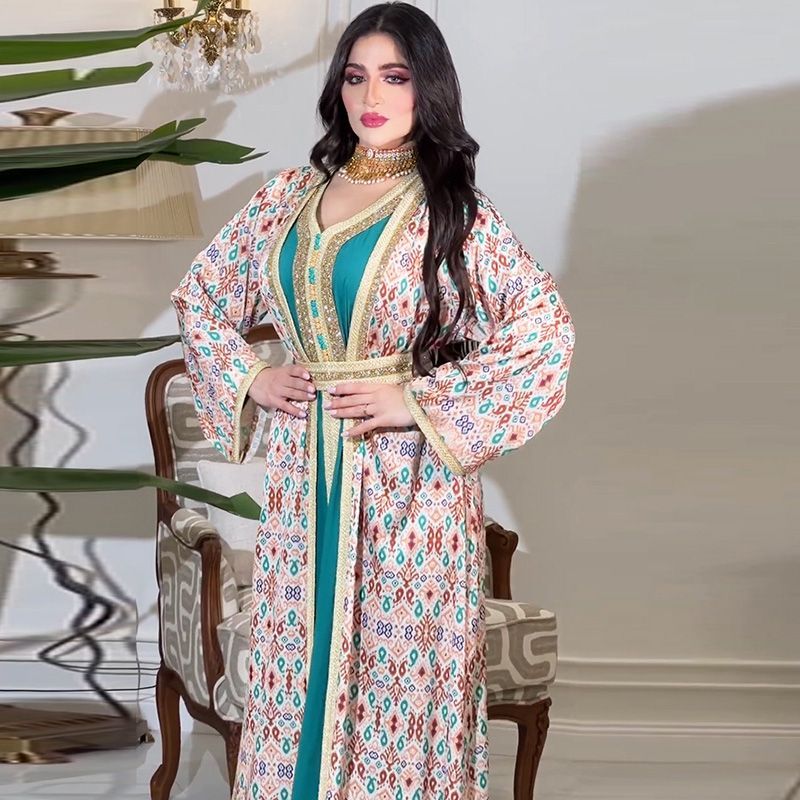 Turkey Dubai women's two-piece robe light luxury hot diamond Xinjiang dress skirt retro printing Arabic suit middle - AuraKin