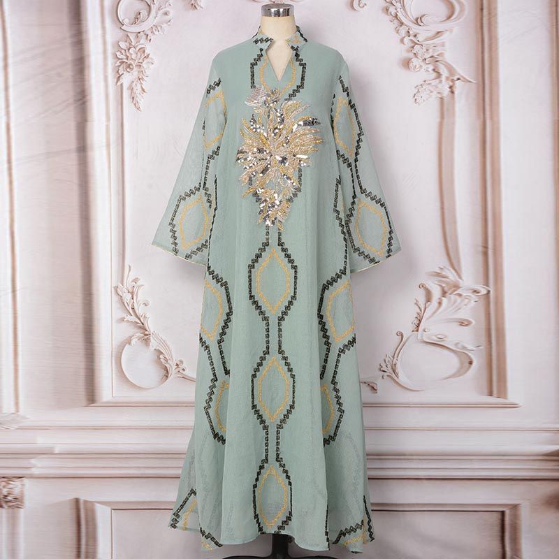 Dubai Women's Robe V-Neck Celebrity Banquet Dress Conservative Dress Collar Sequins Turkish Travel Dress middle - AuraKin