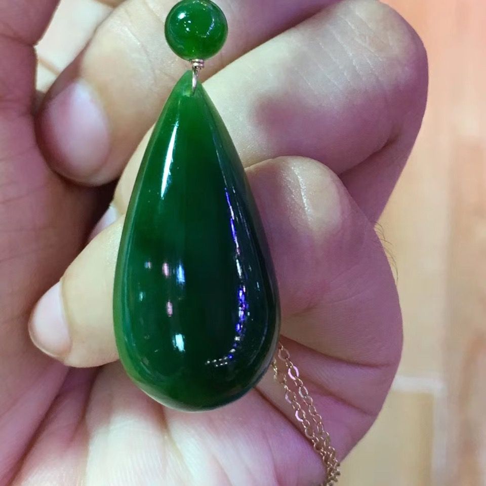 Natural Hetian jade jasper water drop pendant necklace rose gold spinach green egg surface necklace neck jewelry bag gift - AuraKin