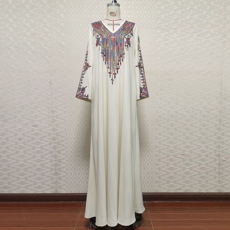 Malaysian women's rope embroidery loose fashion Dubai style long dress summer apricot V-neck long-sleeved robe middle - AuraKin