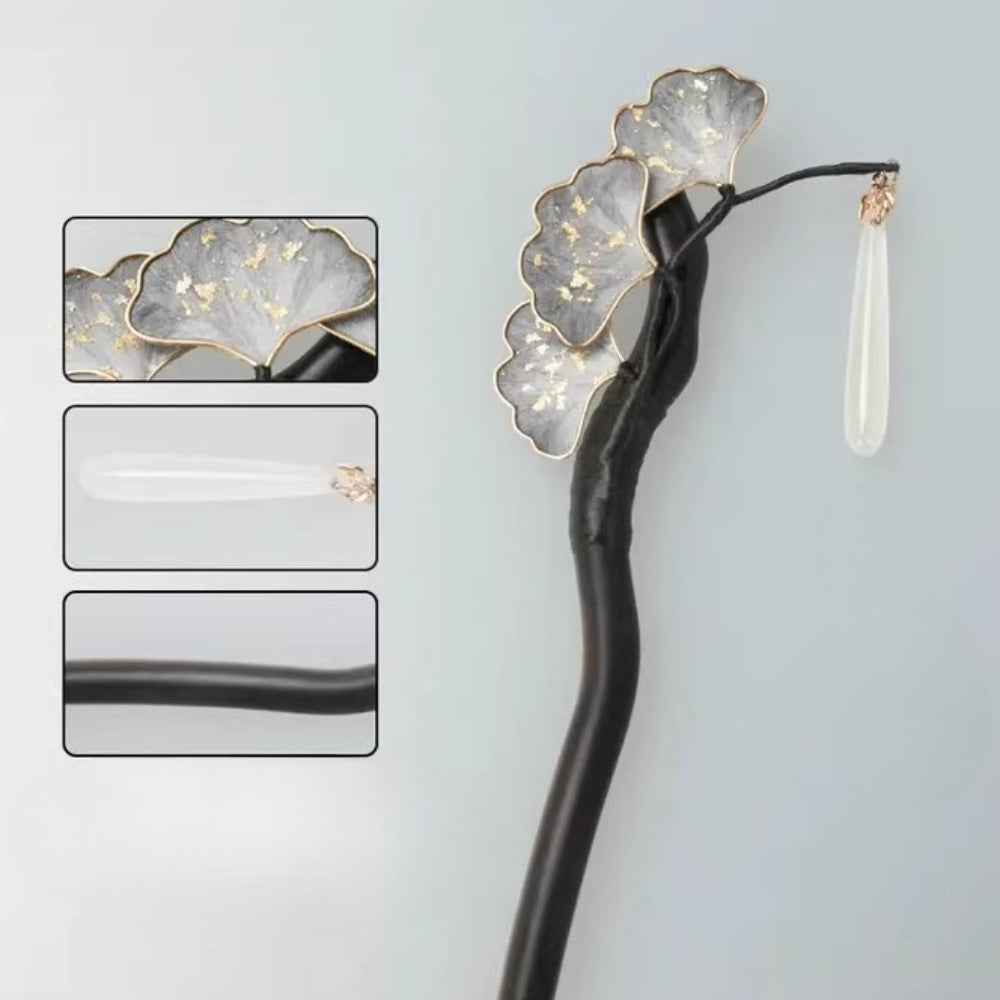 Sansheng is fortunate to have intangible cultural heritage fluff hairpin, new Chinese ginkgo hair accessories, disc hair, headgear, ebony hairpin, national style hairpin.