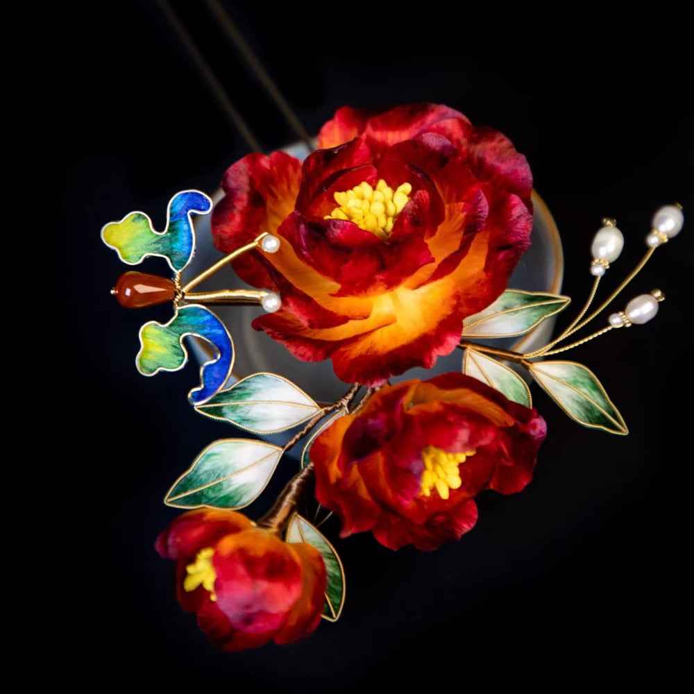 Edelweiss peach lady  red peony hairpin, intangible cultural heritage handmade new Chinese hanfu horse dress bridal hair accessories