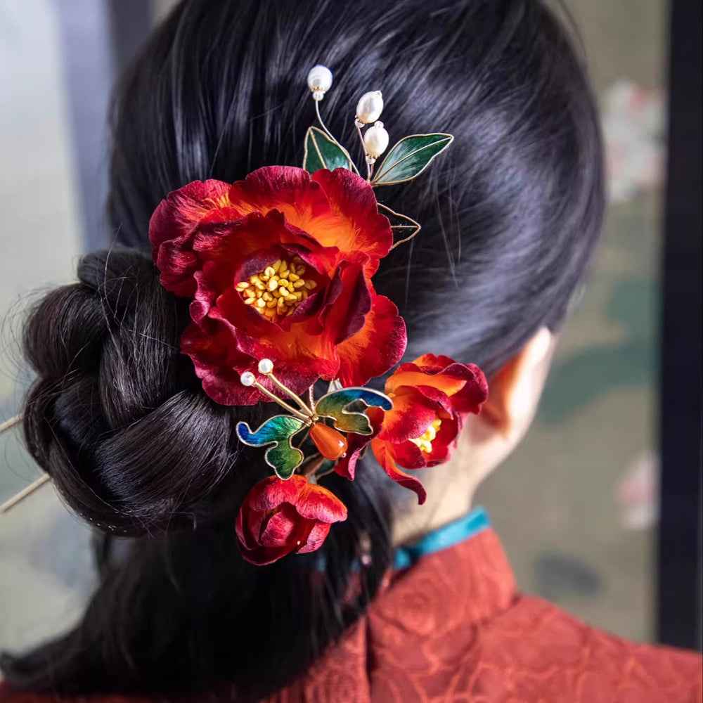 Edelweiss peach lady  red peony hairpin, intangible cultural heritage handmade new Chinese hanfu horse dress bridal hair accessories