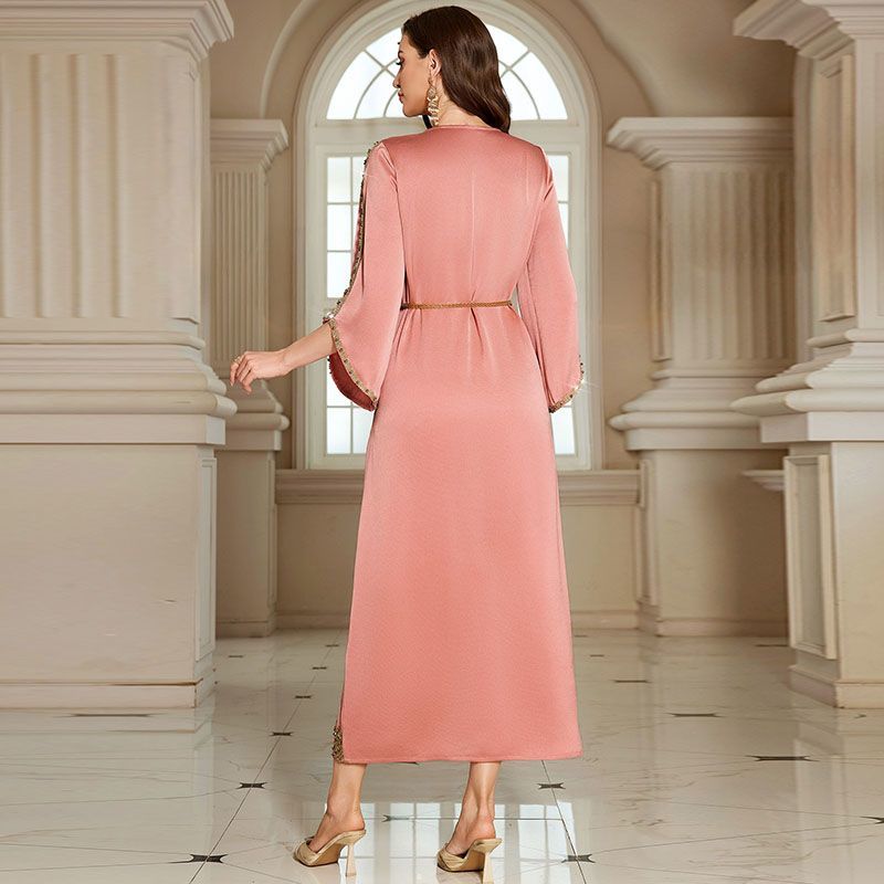 Middle Eastern Arabian Coral Pink Dress Long Dress V-Neck Hand Sewn Bead Long Sleeve Dress Dubai Robe with Belt - AuraKin