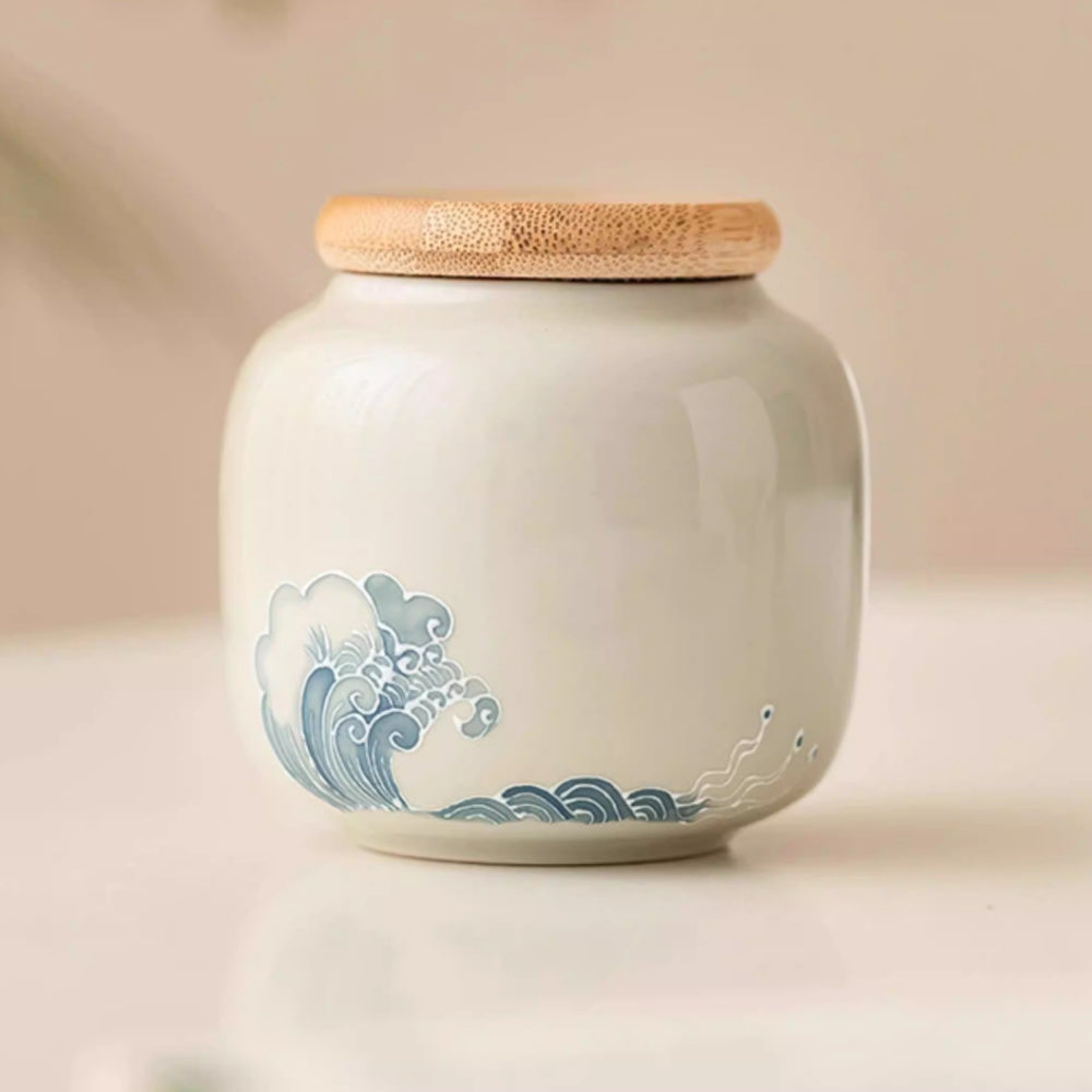 Extremely plain stacked carved wave tea can Small portable tea storage tank Moisture-proof sealed jar Hand-painted ceramic tea can - AuraKin