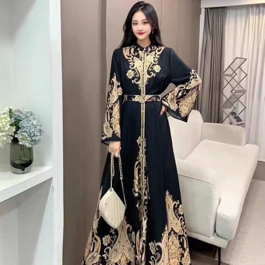 European and American court retro style lantern sleeves single-breasted shirt skirt women's autumn color matching printing big pendulum long dress - AuraKin