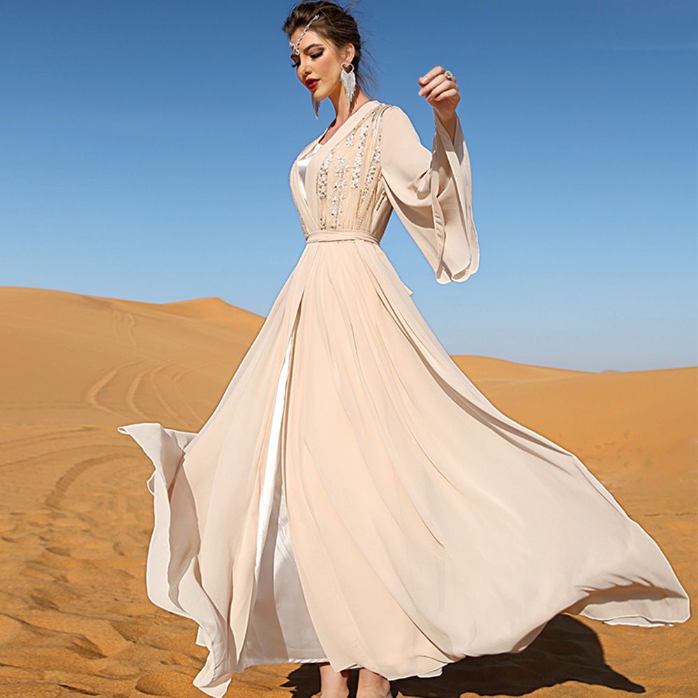 Autumn New Turkey Middle East Long Dress Beige Double Chiffon Malay Dubai Clothing Famous Style Long Dress - AuraKin