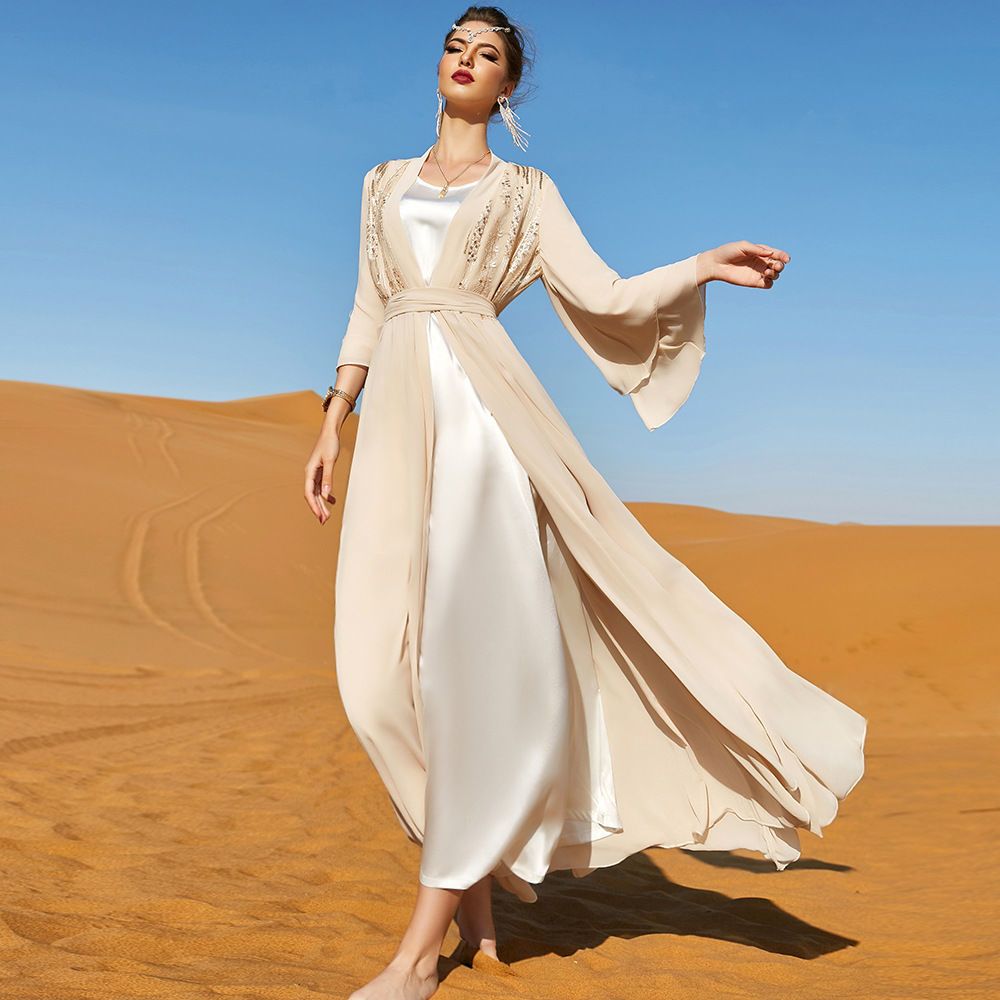 Autumn New Turkey Middle East Long Dress Beige Double Chiffon Malay Dubai Clothing Famous Style Long Dress - AuraKin