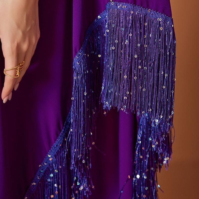 Dubai style women's luxury sequined fringed dress V-neck bat sleeve elegant dress Xinjiang irregular robe middle - AuraKin