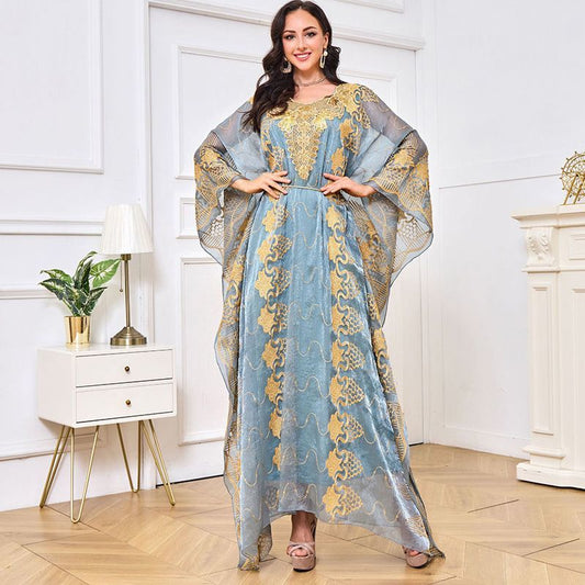 New Morocco Dubai party embroidered beads two-piece robe women's green dress noble Malay dress middle - AuraKin