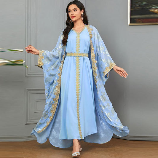 Turkey Dubai women's bronzing V-neck two-piece robe summer dress temperament luxury dress Malay travel dress middle - AuraKin