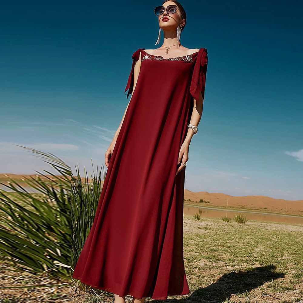 New celebrity banquet dress one-word collar dress summer women's Dubai dress burgundy hand-sewn diamond robe - AuraKin