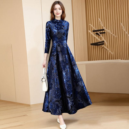 Chinese style temperament long fluffy cheongsam dress autumn new jacquard elegant retro mother dress