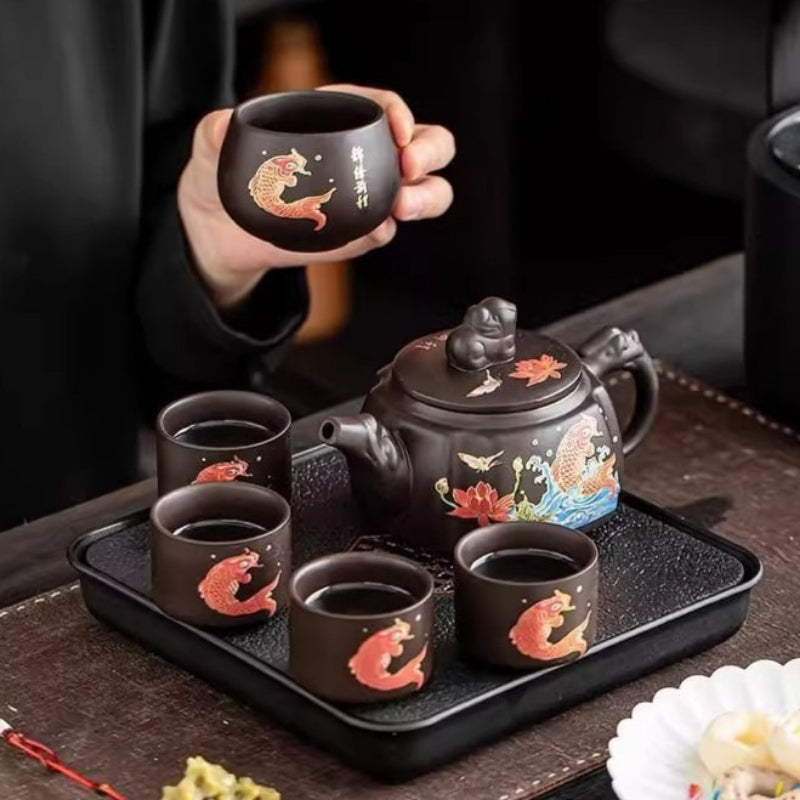 Raw ore purple clay pot color-changing square Pixiu teapot brocade future one pot two cups household kung fu tea set small set - AuraKin