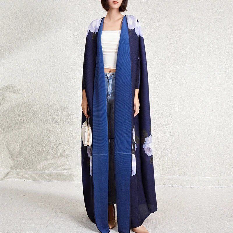 Middle East Dubai Print Women's Pleated Cardigan Robe Dress Pakistan Indonesia Loose Cloak - AuraKin