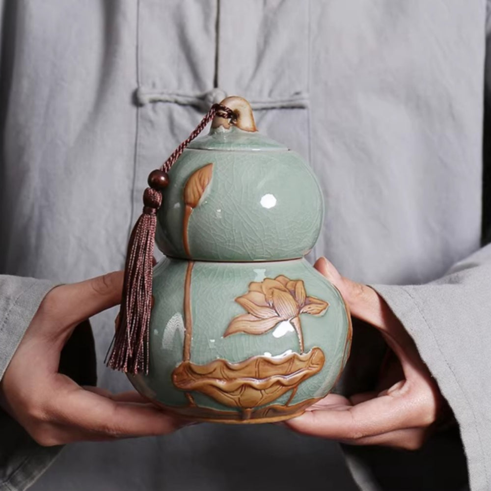 Internet celebrity feng shui porcelain pot gourd ornament ceramic tea can sealed tank tea storage tank small tea can boutique high-end - AuraKin