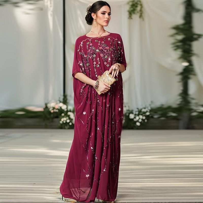 Morocco Dubai Heavy Industry Embroidered Bead Flower Cloak Dress Summer Celebrity Style Hand Sewn Three-dimen middle sional Flower Arabian Robe - AuraKin