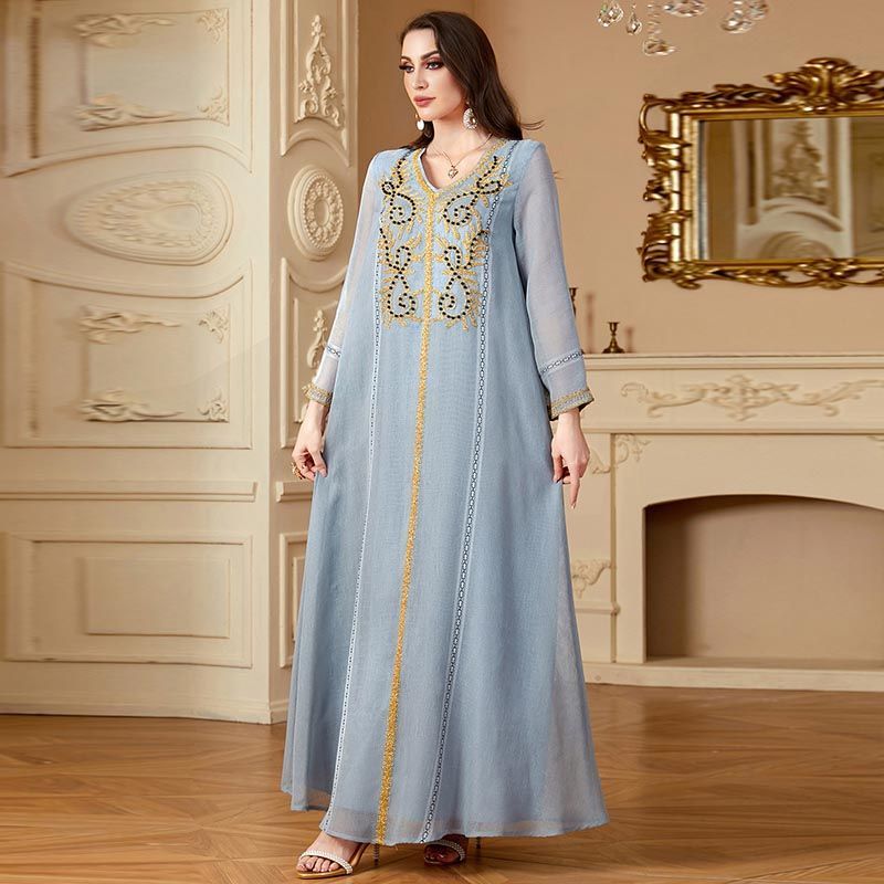 Saudi Arabia Grey Robe V-Neck Embroidered Temperament Dubai Women's Dress Beaded Long Sleeve Fashion Robe - AuraKin