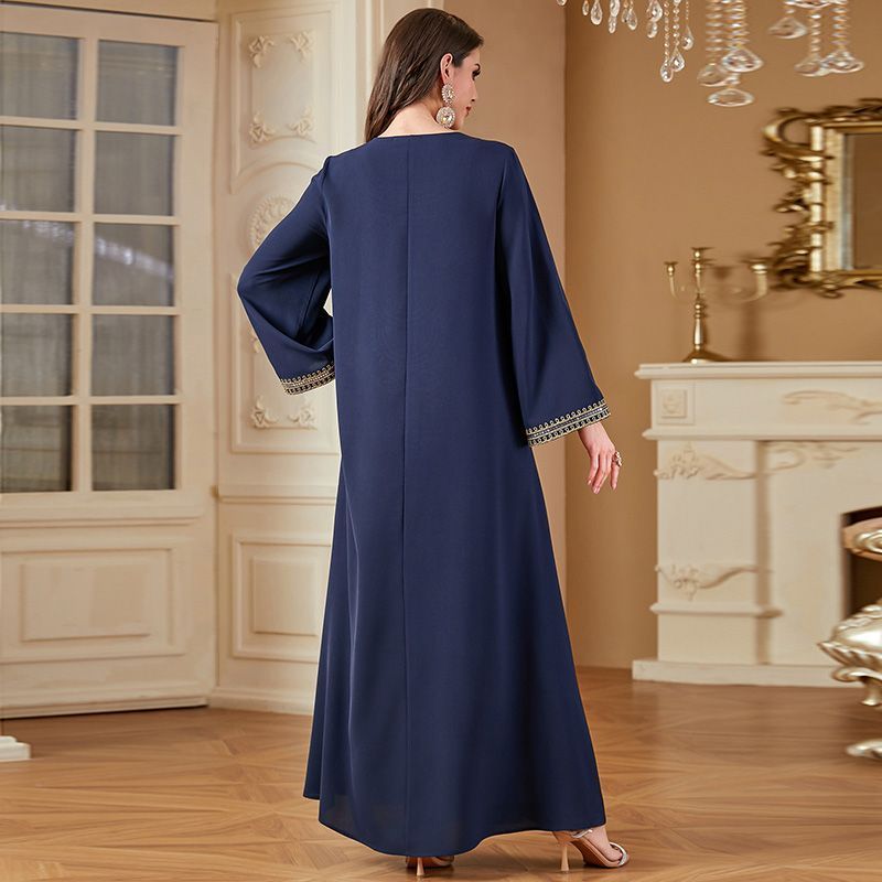 Turkey Dubai Travel Embroidery Long Sleeve Dress Crew Neck Navy Blue Summer Women's Arabian Fashion Robe middle - AuraKin