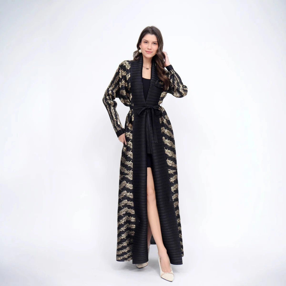 Bronzing cardigan long Middle East popular Arabic robe pleated women's lapel Dubai elastic jacket comfortable and excellent - AuraKin