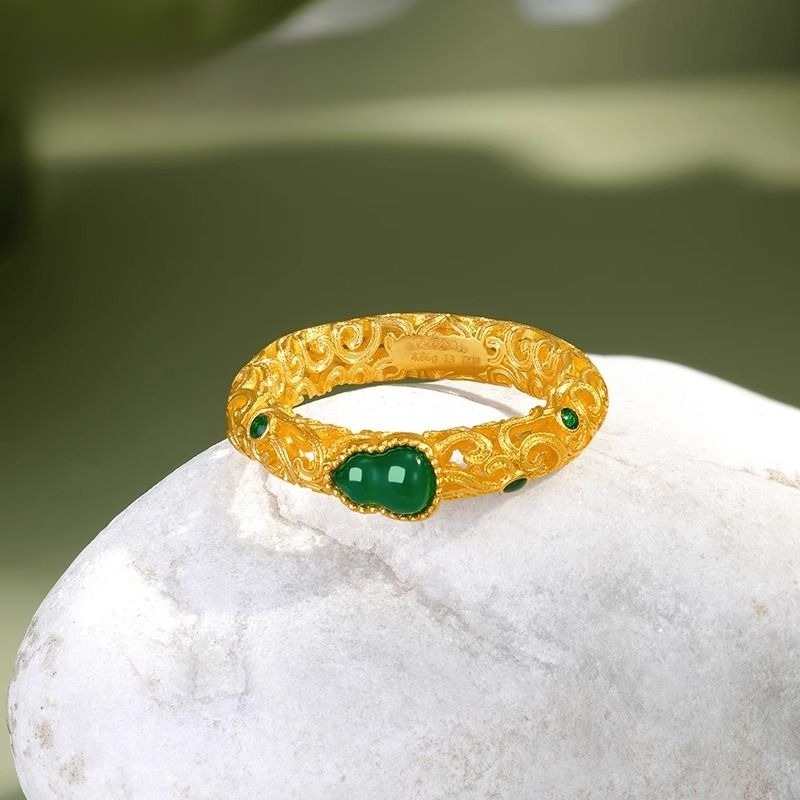 Aurakin Jewelry Gold Ring Fulu Xiangyun Design with Green Chalcedony and Ancient Flower Silk Details - AuraKin