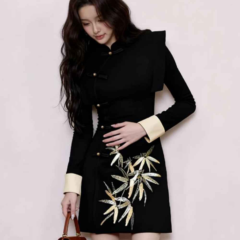 ZS quality description, Zen Buddhist women's clothing, new Chinese stand-up collar buckle dress, women's bamboo leaf improved cheongsam, wife's clothing