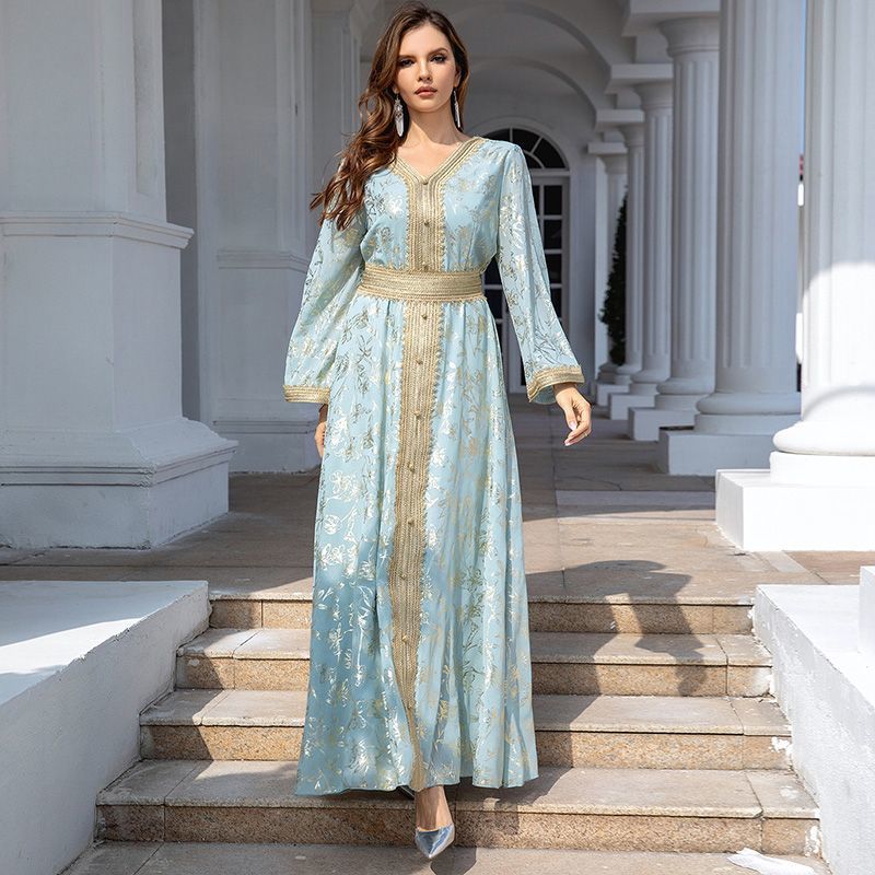 Middle East Dubai dress V-neck bottom grab flower bronzing ethnic style women's clothing thin loose Egyptian women's robe - AuraKin
