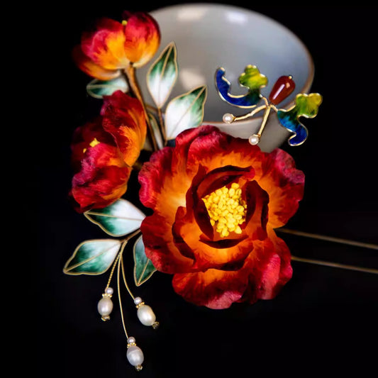 Edelweiss peach lady  red peony hairpin, intangible cultural heritage handmade new Chinese hanfu horse dress bridal hair accessories - AuraKin