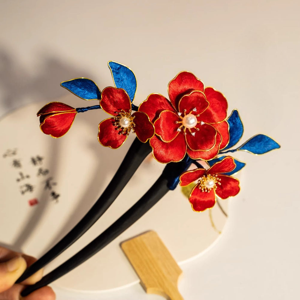 High-end national style intangible cultural heritage fluff pure handmade hairpin headdress accessories hairpin retro bride red - AuraKin