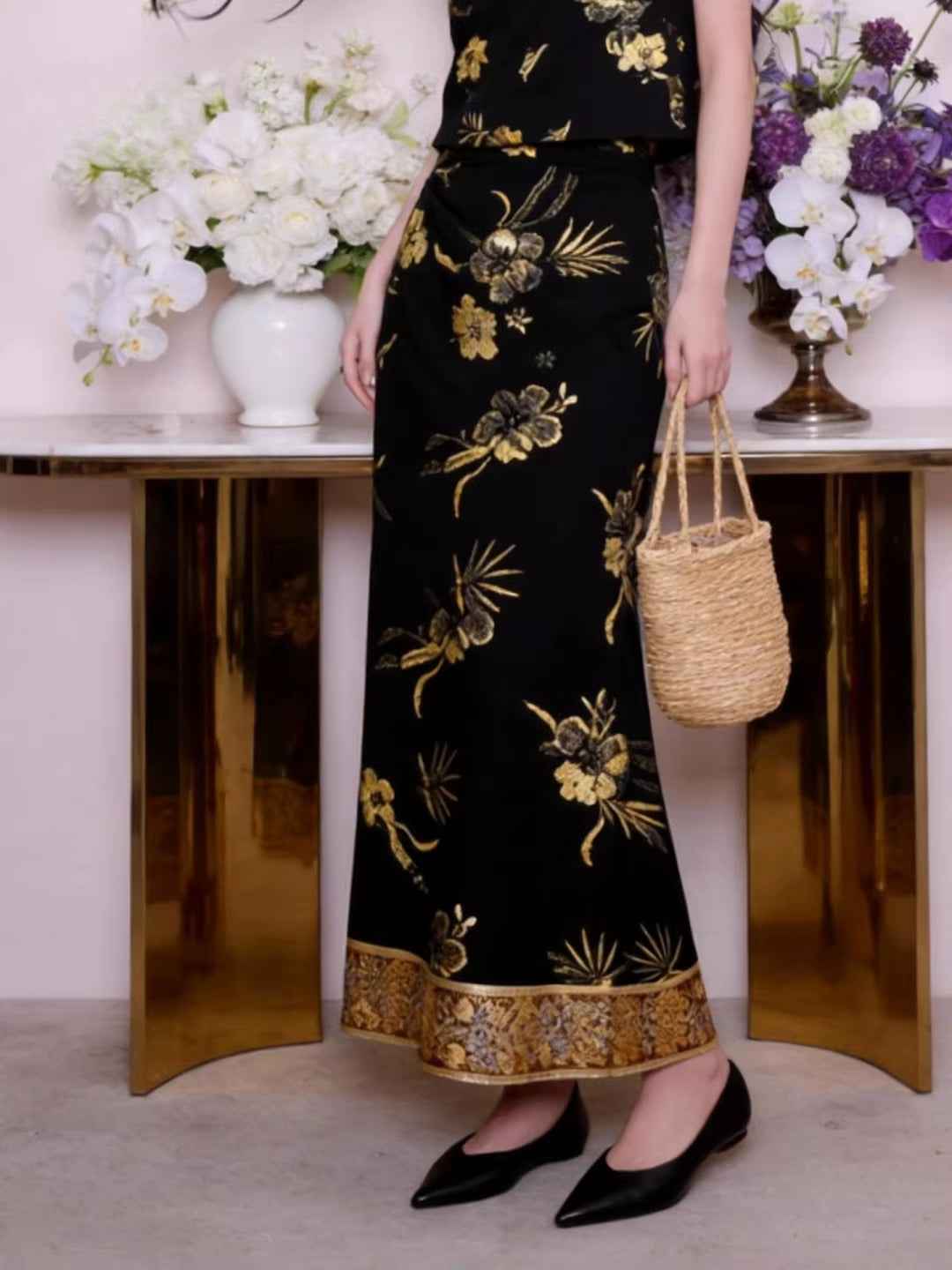 Quality description a complete set of new Chinese style ootd wear with bronzing printing improved vest & skirt two-piece set