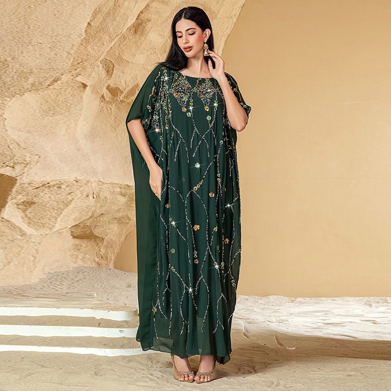 Morocco Dubai Heavy Industry Embroidered Bead Flower Cloak Dress Summer Celebrity Style Hand Sewn Three-dimen middle sional Flower Arabian Robe - AuraKin