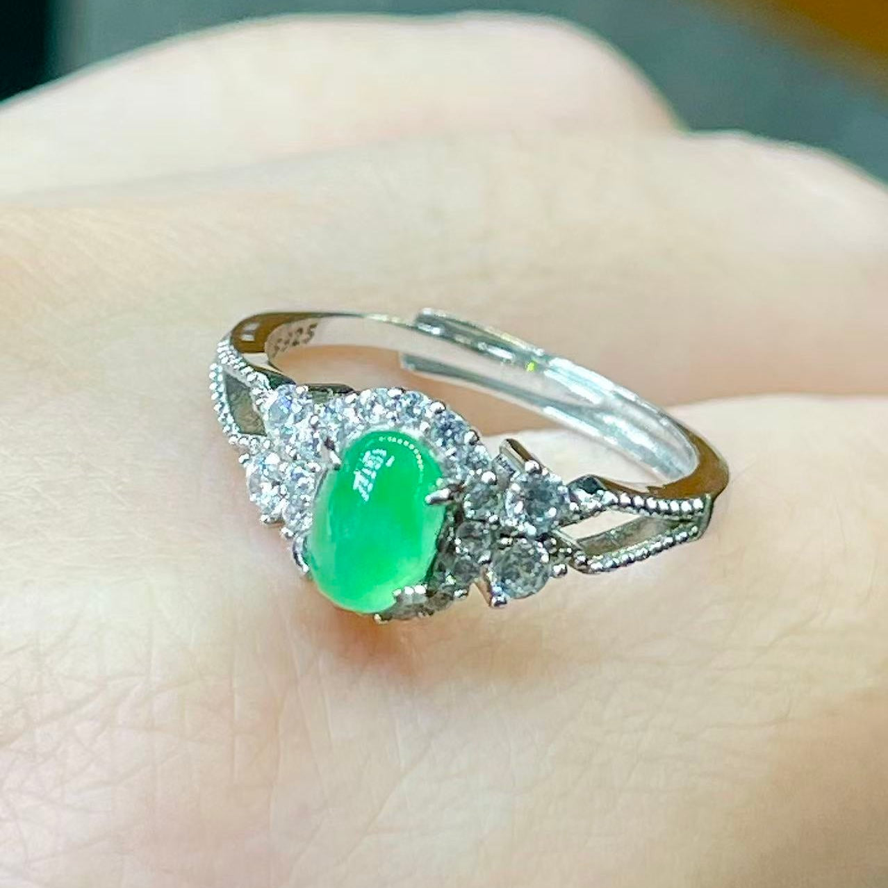 Strong Green Jade Ring, S925 Sterling Silver Inlay, Adjustable Band size