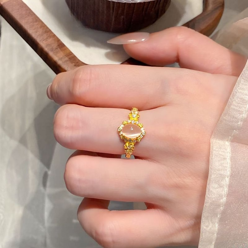 Aurakin Jewelry Full Gold Moonlight Flower Ring Inlaid Cat's Eye Gem Gift for Girlfriend Valentine's Day Qixi Festival - AuraKin