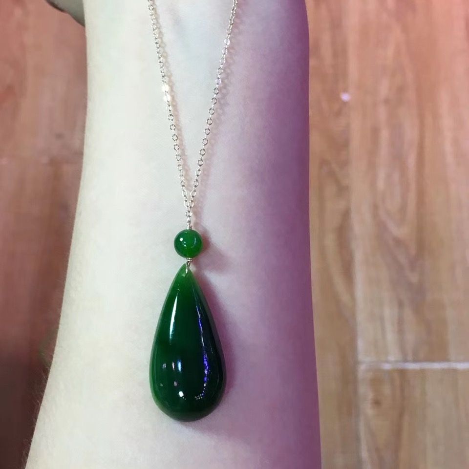 Natural Hetian jade jasper water drop pendant necklace rose gold spinach green egg surface necklace neck jewelry bag gift - AuraKin