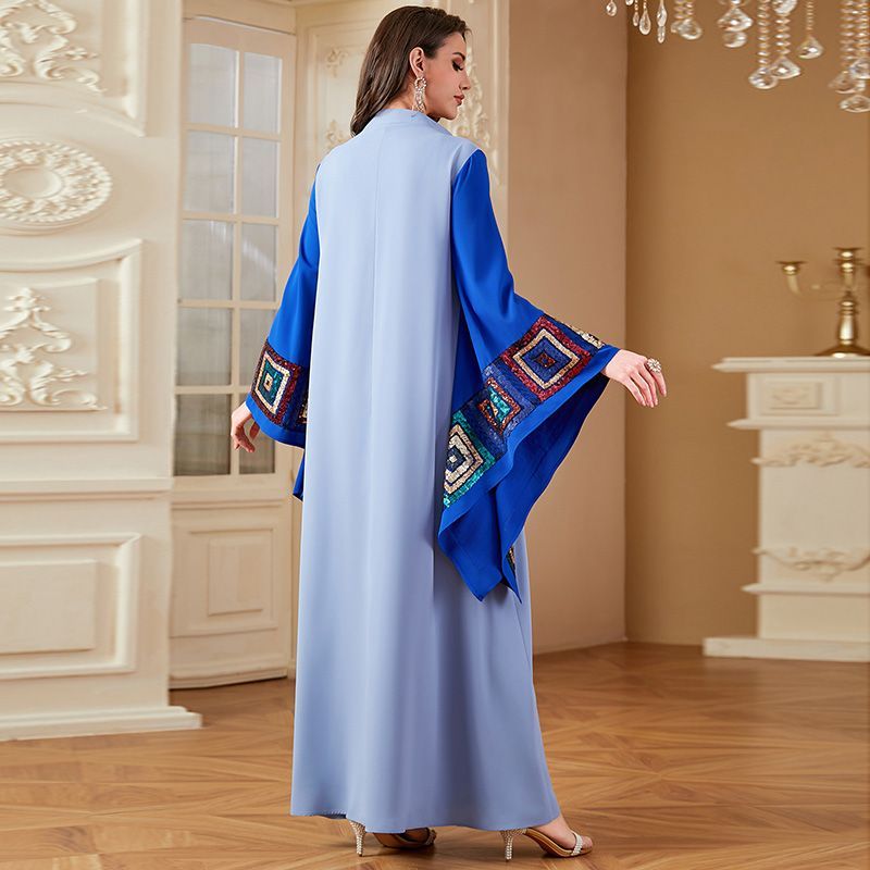 Saudi Arabia plus size robe V-neck apricot bat sleeve dress 100kg fat woman Dubai contrasting color dress middle - AuraKin