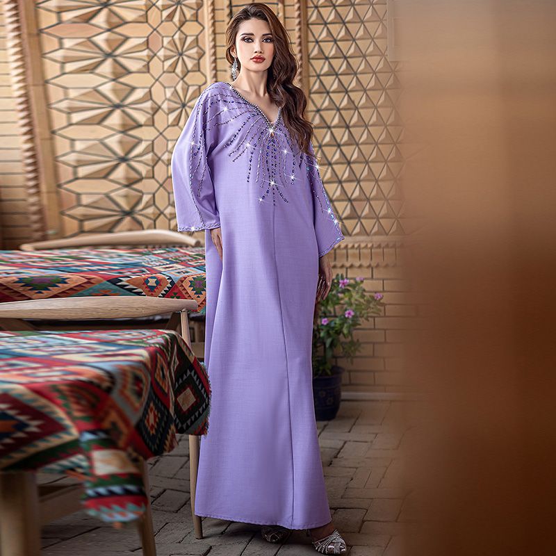 Turkey Dubai Lilac Purple Celebrity Style Long Sleeve Dress Xinjiang Women's Handmade Sewn Rhinestone Malay Robe - AuraKin