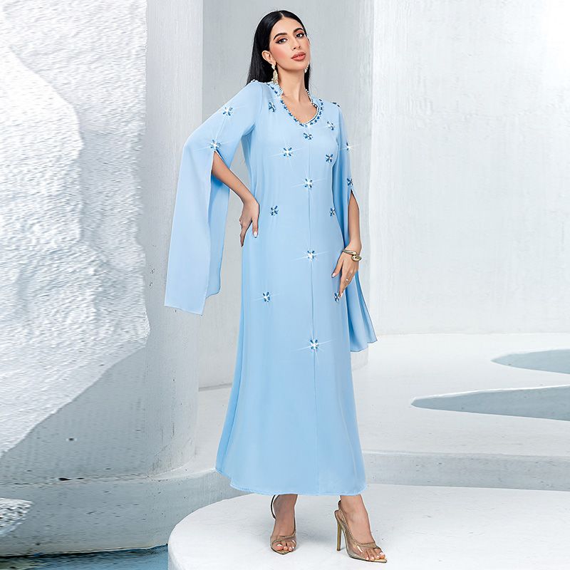 Turkey Dubai Women's Super Long Sleeve V-Neck Dress Fashion Celebrity Arabian Dress Sewn Rhinestone Long Dress middle - AuraKin