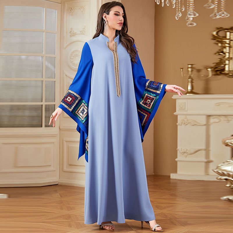 Saudi Arabia plus size robe V-neck apricot bat sleeve dress 100kg fat woman Dubai contrasting color dress middle - AuraKin