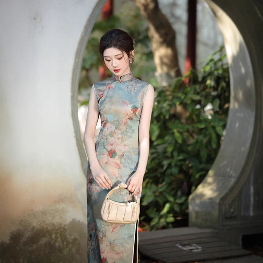 2025 spring new sleeveless national style oil painting printing cheongsam middle-aged and young people looking thin daily imitation acetic acid jacquard dress