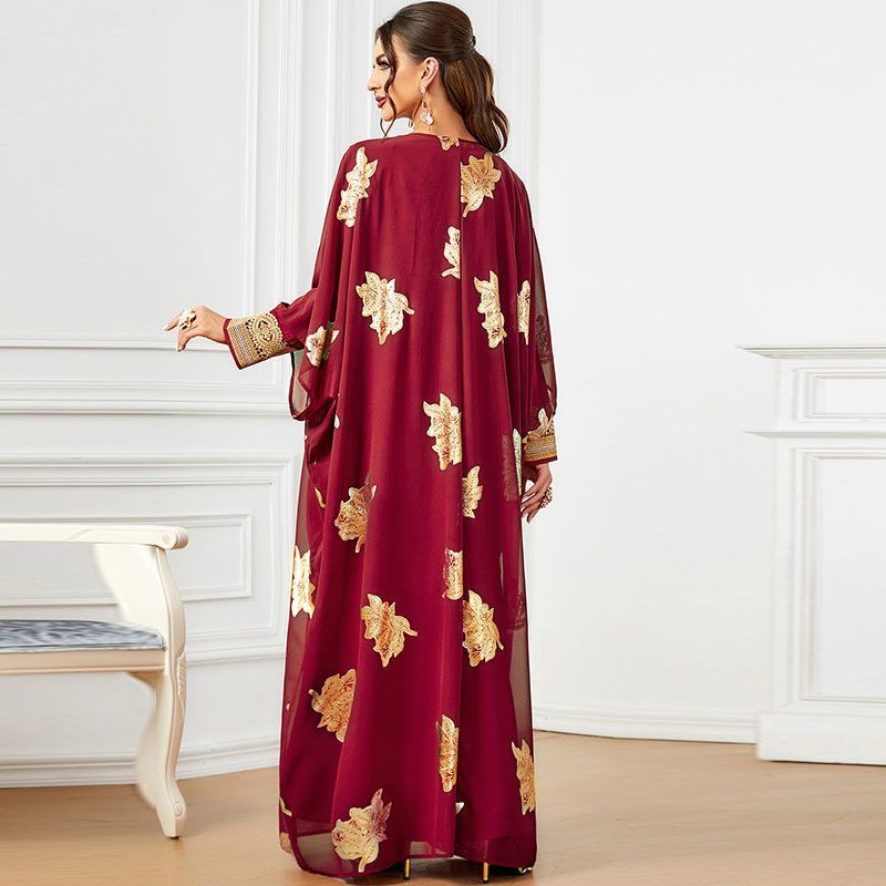 New Arab Dubai luxury bronzing robe two-piece set V-neck bat sleeve long dress ethnic long dress middle - AuraKin