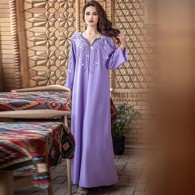 Turkey Dubai Lilac Purple Celebrity Style Long Sleeve Dress Xinjiang Women's Handmade Sewn Rhinestone Malay Robe - AuraKin
